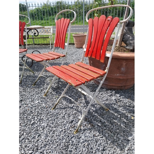 450 - Set of four early 20th C. wrought iron folding garden chairs with wooden slats {90 cm H x 44 cm W x ... 