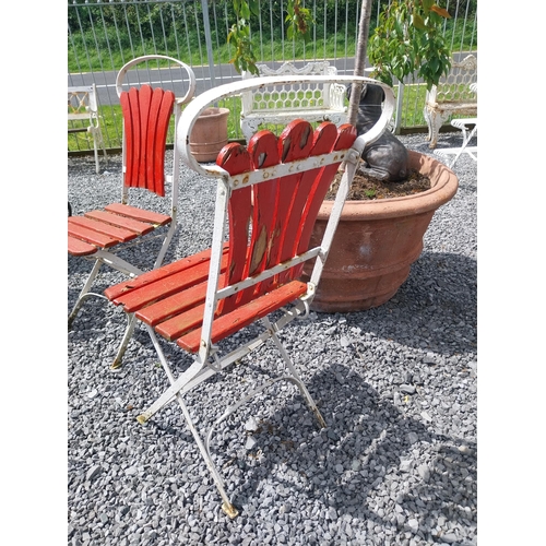 450 - Set of four early 20th C. wrought iron folding garden chairs with wooden slats {90 cm H x 44 cm W x ... 