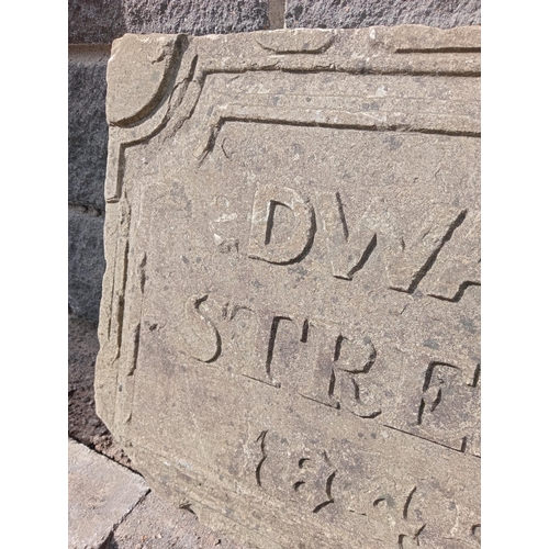 465 - Stone carved Edward street 1845 sign{H 50cm x W 68cm x D 9cm }. (NOT AVAILABLE TO VIEW IN PERSON)