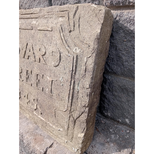 465 - Stone carved Edward street 1845 sign{H 50cm x W 68cm x D 9cm }. (NOT AVAILABLE TO VIEW IN PERSON)