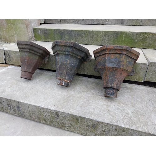 466 - Three 19th C. cast iron hopper heads {Approx.. 28 cm H x 26 cm W x 19 cm D}.