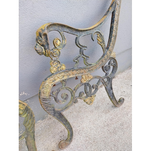 490 - Pair of decorative cast iron seat ends {74 cm H x 66 cm W}.