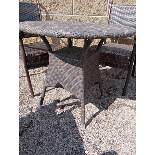 503 - Rattan table and four rattan armchairs {Table H 70cm Dia 75cm Chairs H 86cm x W 57cm x D 52cm }. (NO... 