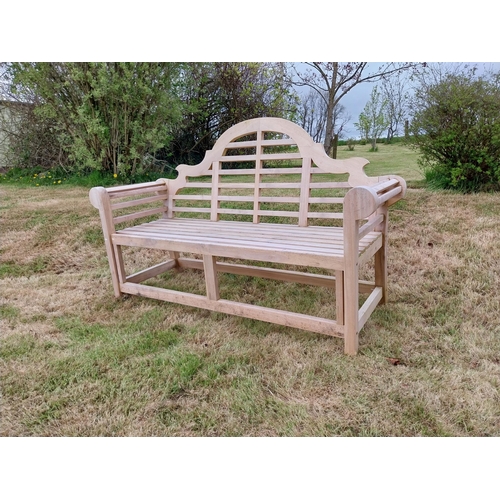 505 - Good quality teak three seater Lutyens garden bench {106 cm H x 161 cm W x 57 cm D}.