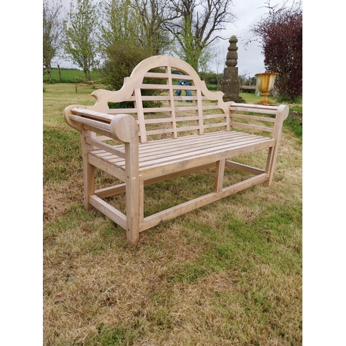 505 - Good quality teak three seater Lutyens garden bench {106 cm H x 161 cm W x 57 cm D}.