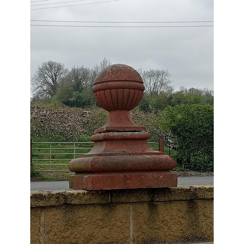 513A - Two terracotta pier caps ball tops {H 65cm x 45 x 45}. (NOT AVAILABLE TO VIEW IN PERSON)