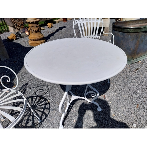 517 - Exceptional quality hand forged wrought iron Arras style circular garden table and two matching chai... 