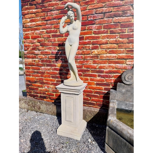 522 - Moulded sandstone statue of a Grecian Lady raised on pedestal {192 cm H x 47 cm W x 47 cm D}.