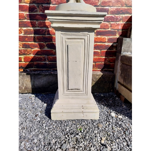 522 - Moulded sandstone statue of a Grecian Lady raised on pedestal {192 cm H x 47 cm W x 47 cm D}.