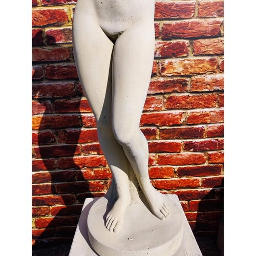 522 - Moulded sandstone statue of a Grecian Lady raised on pedestal {192 cm H x 47 cm W x 47 cm D}.