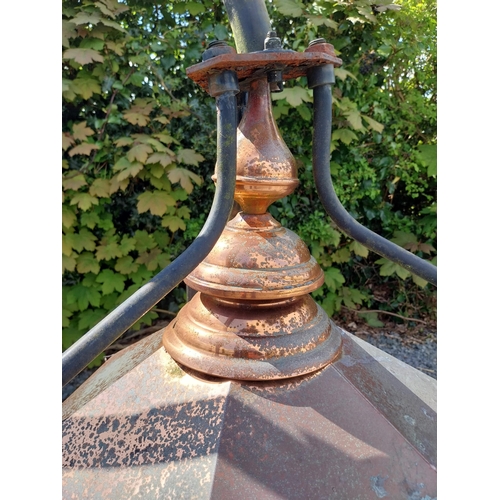 524 - Good quality copper wall lantern with wrought iron bracket {129 cm H x 94 cm W x 54 cm D}.