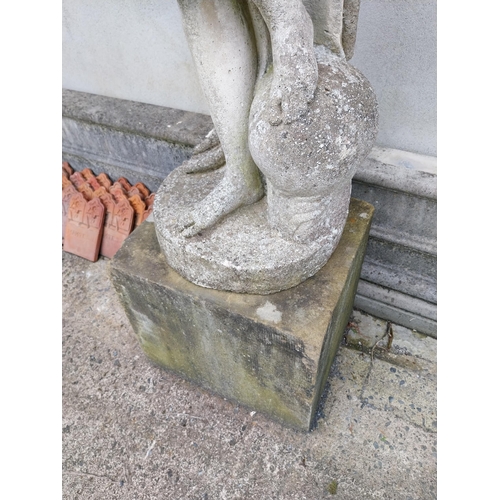 538 - Early 20th C. moulded stone statue of Grecian Lady raised on 19th C. sandstone pedestal  {210 cm H x... 