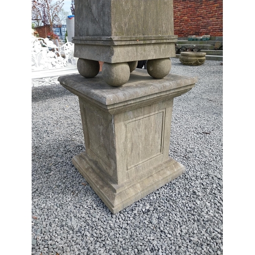 540 - Good quality hand carved limestone obelisk raised on pedestal {220 cm H x 60 cm x 60 cm D}.