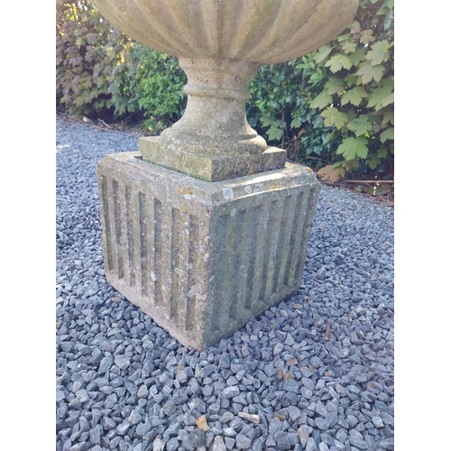 543 - Pair of early 20th C. composition urns on square pedestals {68 cm H x 46 cm Dia.}.