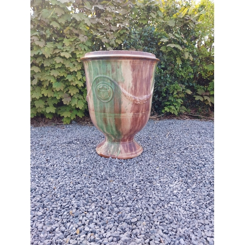 553 - Good quality glazed terracotta Boisset Anduze urn signed (1992) {72 cm H x 56 cm Dia.}.