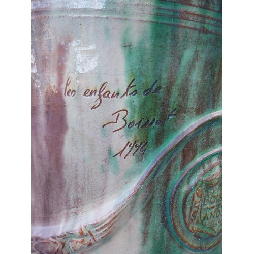 553 - Good quality glazed terracotta Boisset Anduze urn signed (1992) {72 cm H x 56 cm Dia.}.