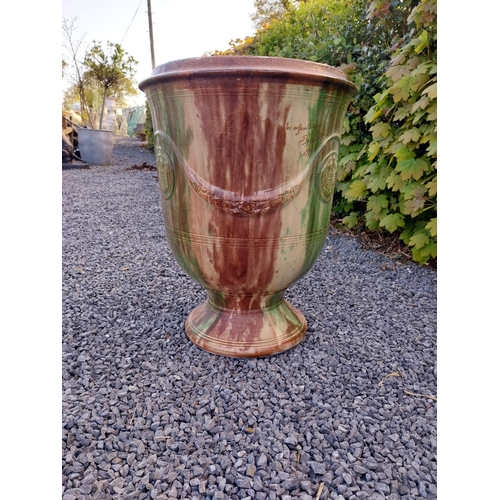 553 - Good quality glazed terracotta Boisset Anduze urn signed (1992) {72 cm H x 56 cm Dia.}.