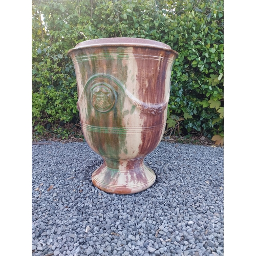 554 - Good quality glazed terracotta Boisset Anduze urn signed (1992) {72 cm H x 56 cm Dia.}.