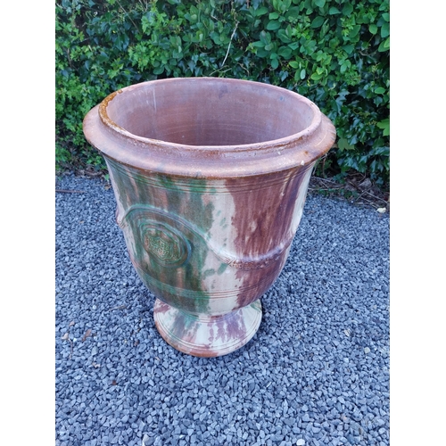 554 - Good quality glazed terracotta Boisset Anduze urn signed (1992) {72 cm H x 56 cm Dia.}.