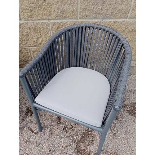 555 - Pair of garden chairs with cushions {H 76cm x W 55cm x D 60 cm}. (NOT AVAILABLE TO VIEW IN PERSON)