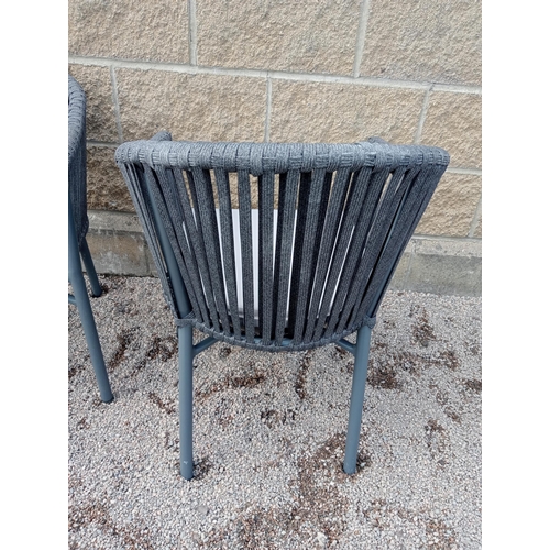 555 - Pair of garden chairs with cushions {H 76cm x W 55cm x D 60 cm}. (NOT AVAILABLE TO VIEW IN PERSON)