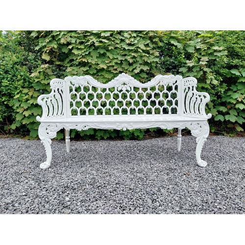 56 - Decorative French cast iron three seater garden bench {95 cm H x 158 cm W X 44 cm D}.