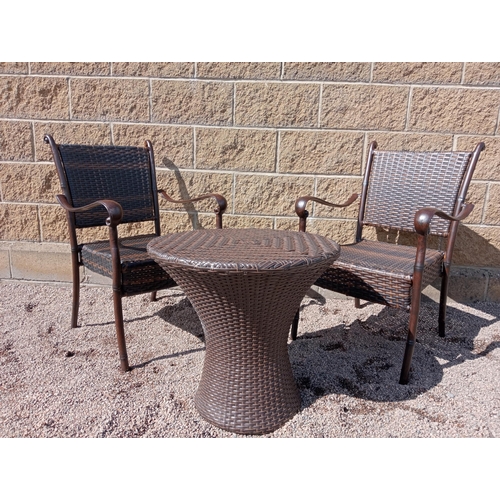 563 - Rattan garden table and two chairs {Table H 56cm x Dia 60cm Chairs H 86cm x W 57cm x D 52cm }. (NOT ... 