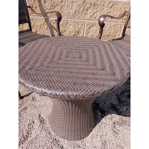 563 - Rattan garden table and two chairs {Table H 56cm x Dia 60cm Chairs H 86cm x W 57cm x D 52cm }. (NOT ... 