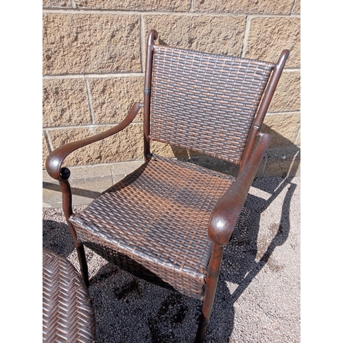 563 - Rattan garden table and two chairs {Table H 56cm x Dia 60cm Chairs H 86cm x W 57cm x D 52cm }. (NOT ... 