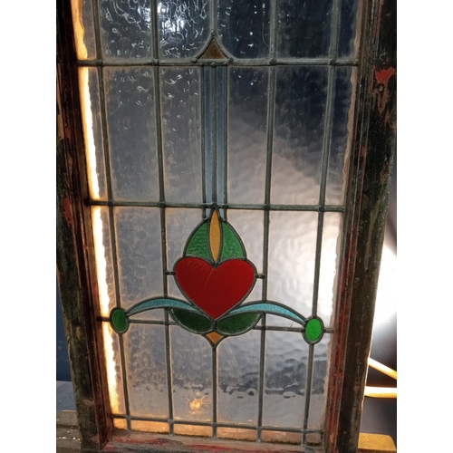 565 - Leaded stain glass window with heart design {H 122cm x W 81cm }.