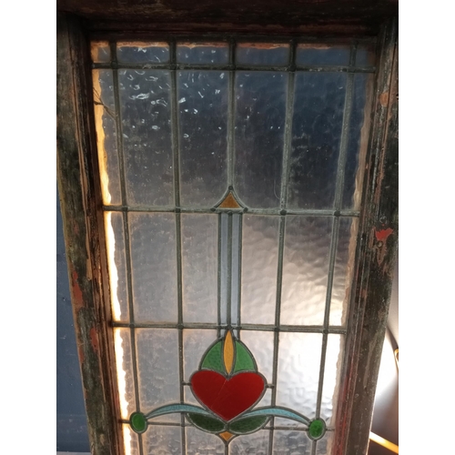 565 - Leaded stain glass window with heart design {H 122cm x W 81cm }.