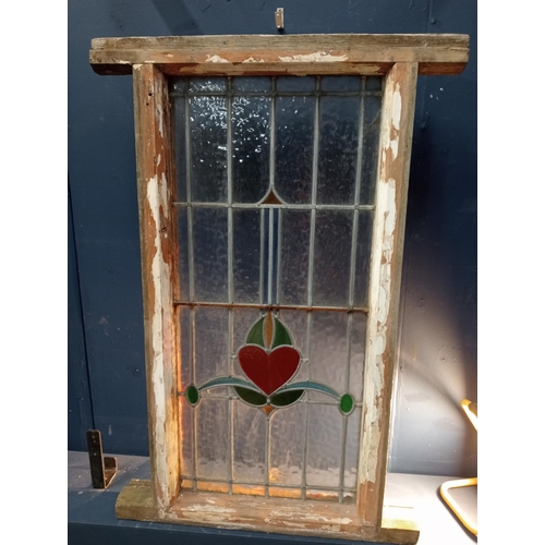 565 - Leaded stain glass window with heart design {H 122cm x W 81cm }.