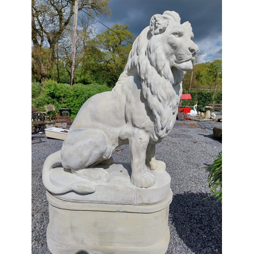 569 - Pair of good quality moulded stone statues of seated Lions raised on pedestals {185 cm H x 123 cm W ... 