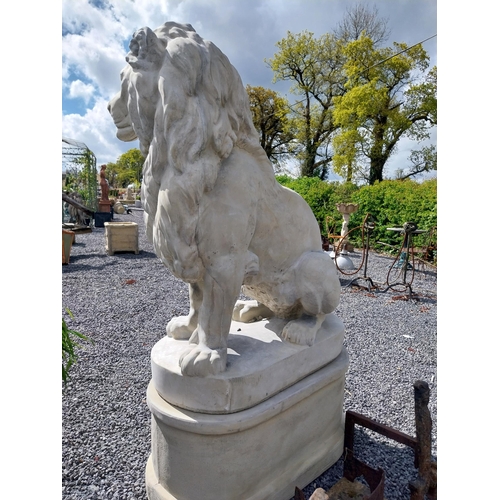 569 - Pair of good quality moulded stone statues of seated Lions raised on pedestals {185 cm H x 123 cm W ... 