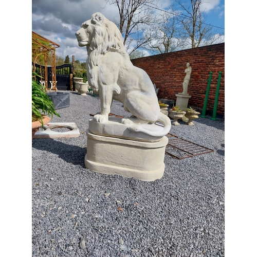 569 - Pair of good quality moulded stone statues of seated Lions raised on pedestals {185 cm H x 123 cm W ... 