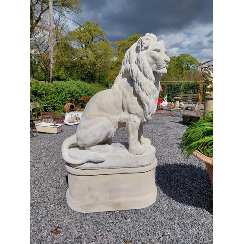 569 - Pair of good quality moulded stone statues of seated Lions raised on pedestals {185 cm H x 123 cm W ... 