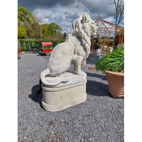 569 - Pair of good quality moulded stone statues of seated Lions raised on pedestals {185 cm H x 123 cm W ... 