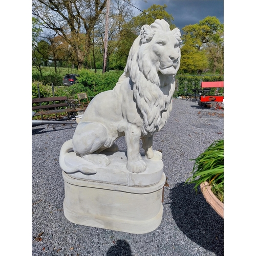 569 - Pair of good quality moulded stone statues of seated Lions raised on pedestals {185 cm H x 123 cm W ... 