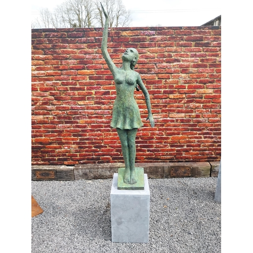 58 - Exceptional quality bronze contemporary sculpture of a Lady with raised arm on slate plinth {Overall... 