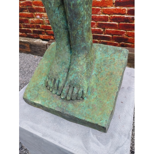 58 - Exceptional quality bronze contemporary sculpture of a Lady with raised arm on slate plinth {Overall... 