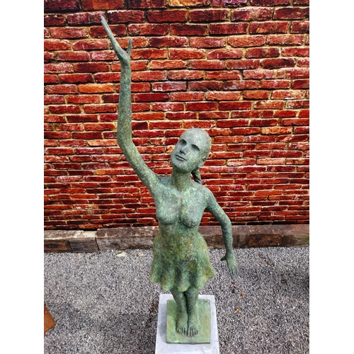 58 - Exceptional quality bronze contemporary sculpture of a Lady with raised arm on slate plinth {Overall... 