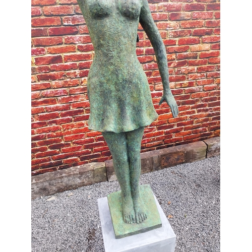 58 - Exceptional quality bronze contemporary sculpture of a Lady with raised arm on slate plinth {Overall... 