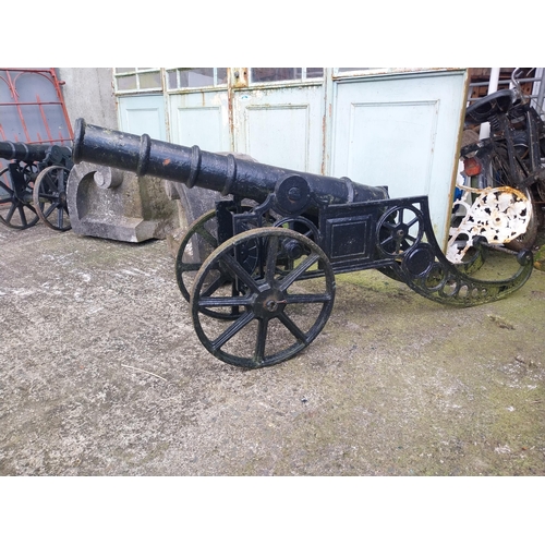 586 - Pair of decorative cast iron cannons in the Victorian style {71 cm H x 42 cm W x 160 cm D}.