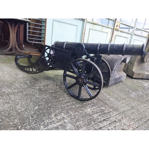 586 - Pair of decorative cast iron cannons in the Victorian style {71 cm H x 42 cm W x 160 cm D}.