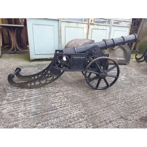 586 - Pair of decorative cast iron cannons in the Victorian style {71 cm H x 42 cm W x 160 cm D}.