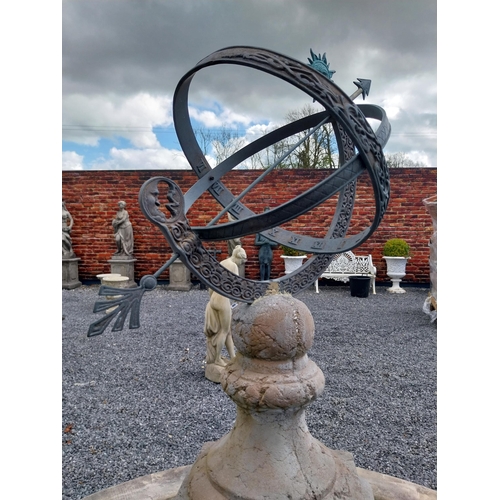 589 - Bronze armillary sundial raised on moulded stone pedestal {150 cm H x 42 cm W x 42 cm D}