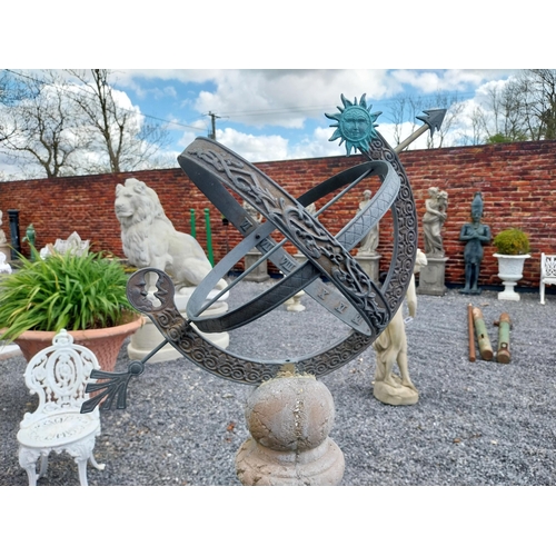 589 - Bronze armillary sundial raised on moulded stone pedestal {150 cm H x 42 cm W x 42 cm D}