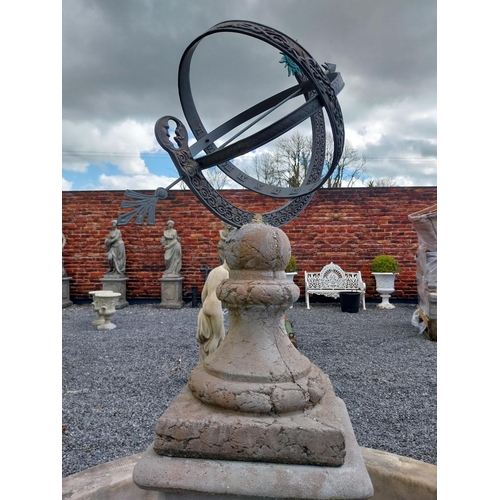 589 - Bronze armillary sundial raised on moulded stone pedestal {150 cm H x 42 cm W x 42 cm D}