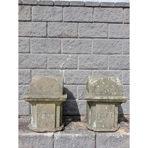 593 - Pair of large stone pier caps inscribed Mount Elder {H 60cm x W 45cm x D 45cm }. (NOT AVAILABLE TO V... 