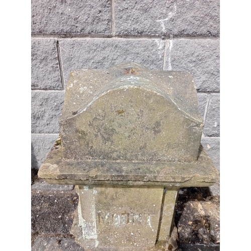 593 - Pair of large stone pier caps inscribed Mount Elder {H 60cm x W 45cm x D 45cm }. (NOT AVAILABLE TO V... 